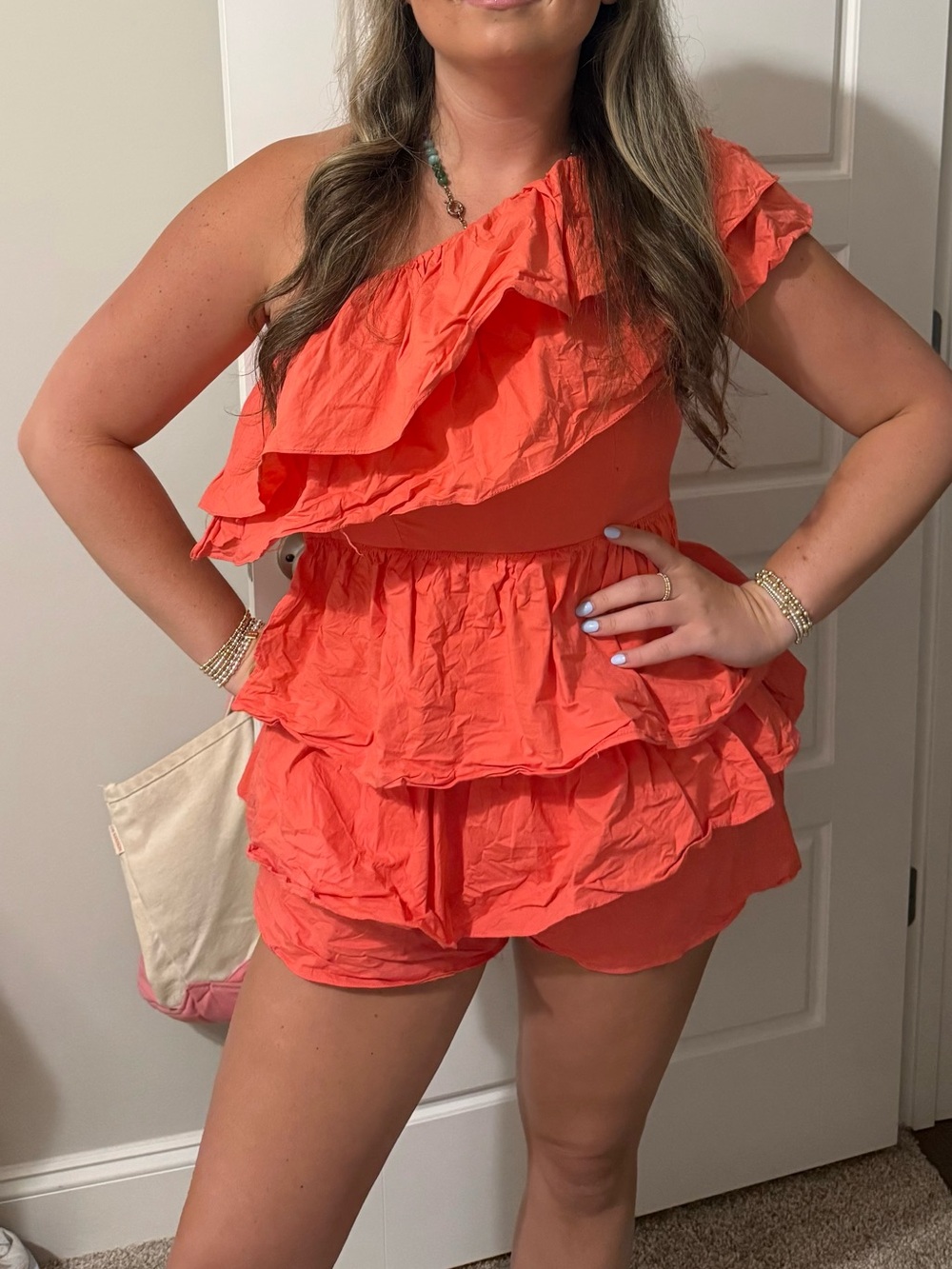 One-Shoulder Ruffle Tiered Mini Romper - Coral